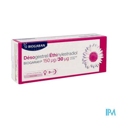 Desogestrel Ethinylestradiol Biogaran 150/30mcg Comprime 21 X3
