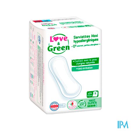 Love Green Serviettes Ecolabellisees Et Hypoallergeniques Maxi Super X14 Sans Ailettes